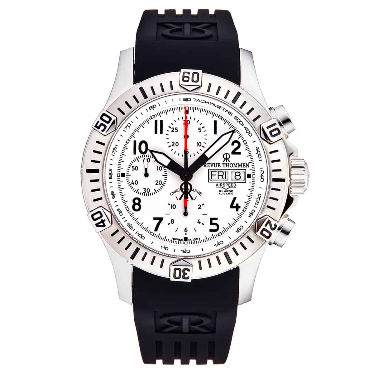 Revue Thommen Men's 16071.6822 'Airspeed' Silver Dial Day-Date Rubber Strap  Chronograph Automatic Watch