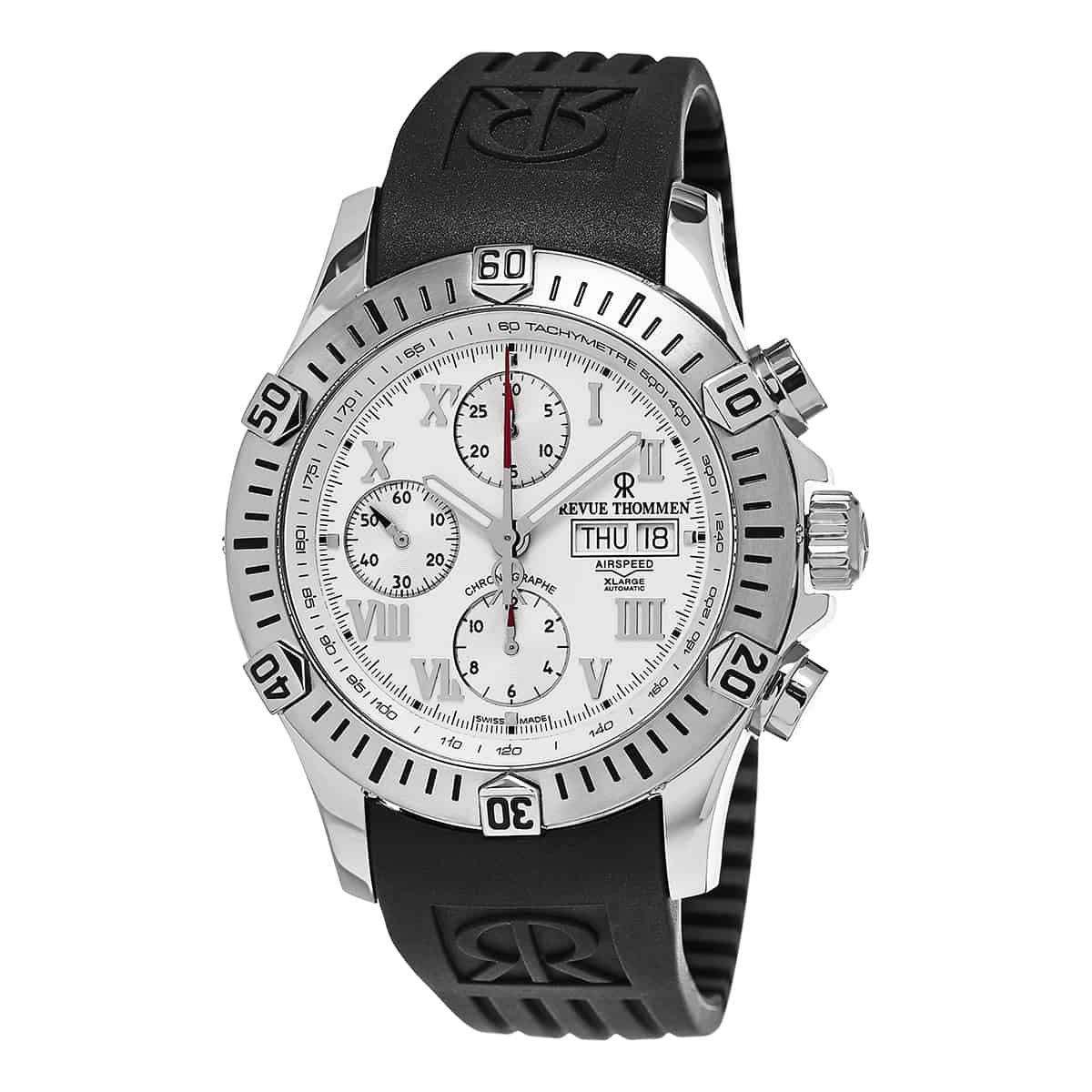 Revue Thommen Men's 16071.6838 'Air Speed' Silver Dial Black Rubber Strap  Chronograph Swiss Watch