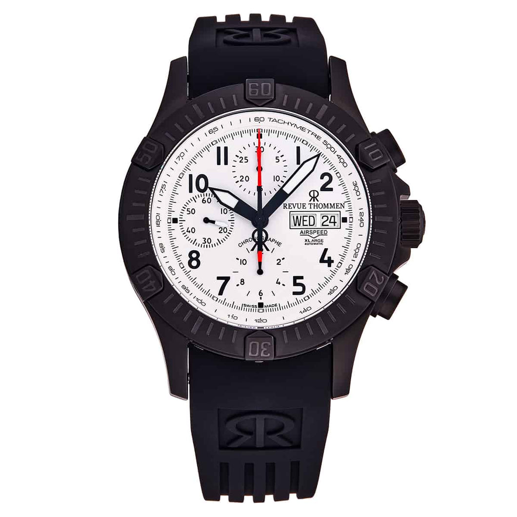 Revue Thommen Men's 16071.6873 'Airspeed' Black PVD Silver Dial Day-Date Rubber Strap Chronograph Automatic Watch