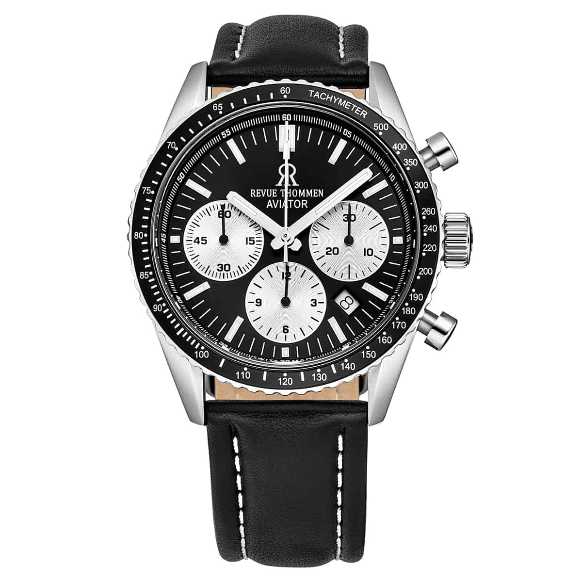 Revue Thommen Men's 17000.6534 'Aviator' Black Dial Leather Strap Chro