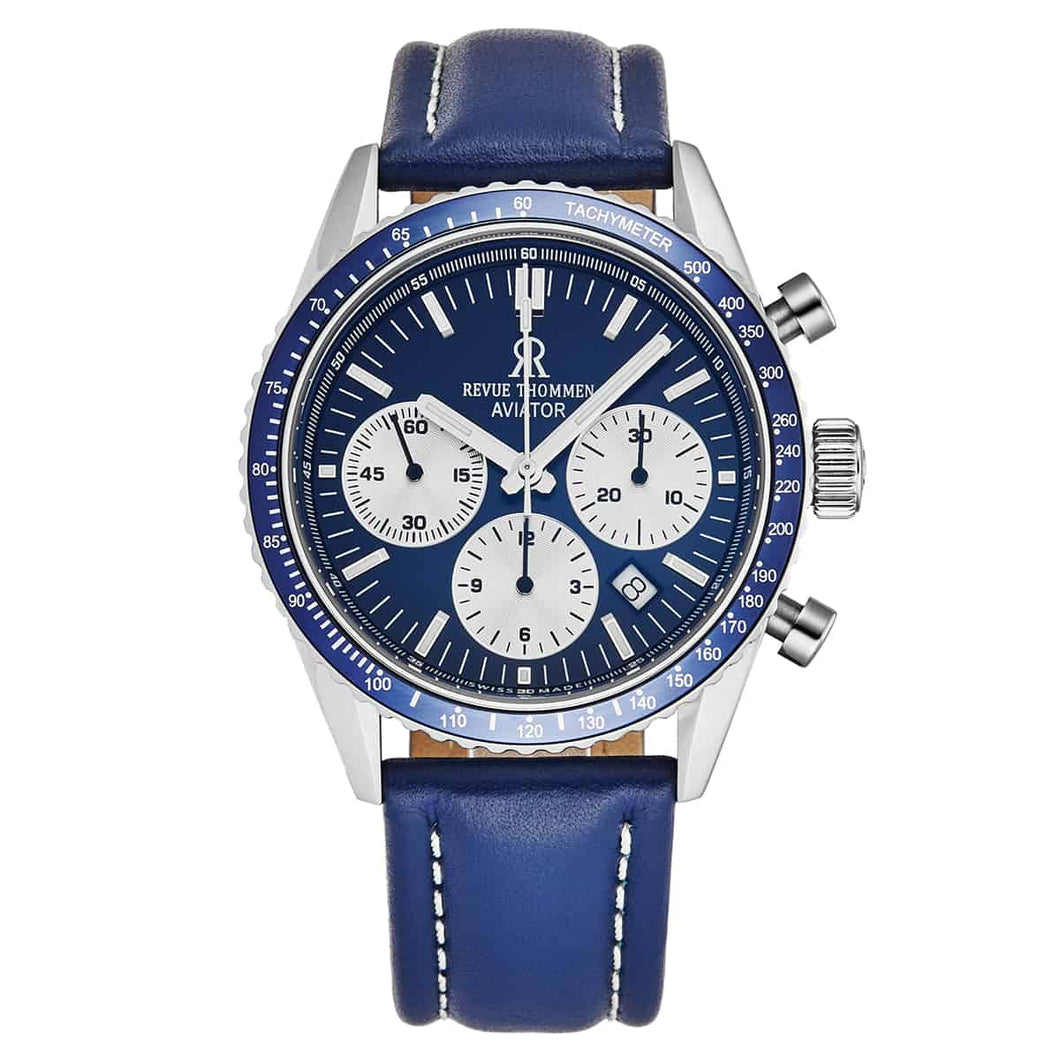 Revue Thommen Men's 17000.6535 'Aviator' Blue Dial Leather Strap Chronograph Automatic Watch