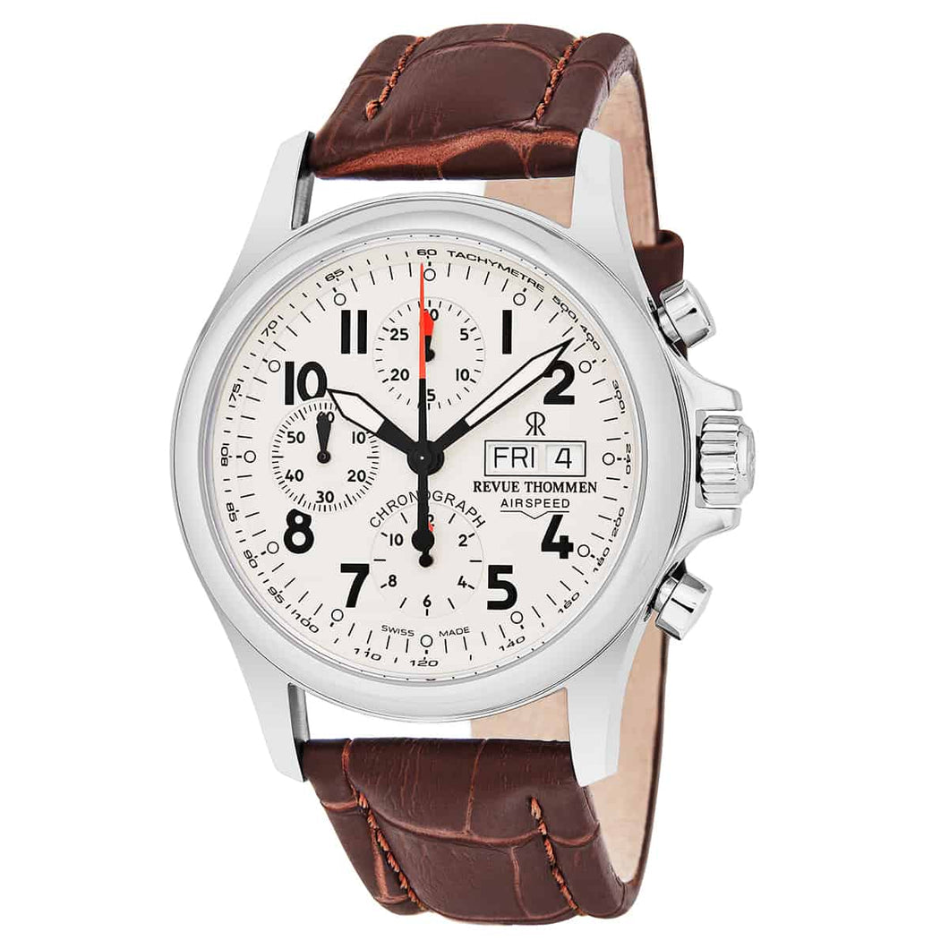 Revue Thommen 17081.6538 'Pilot' Cream Dial Brown Leather Strap Chronograph Swiss Automatic Watch