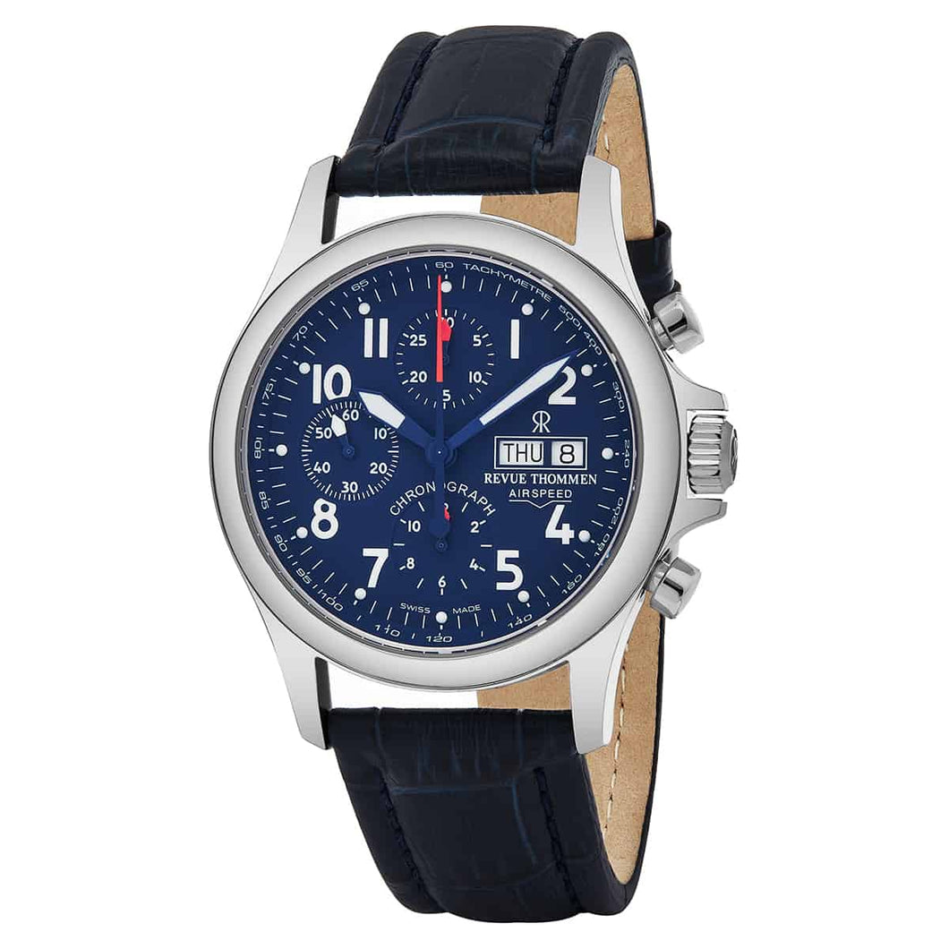 Revue Thommen 17081.6539 'Pilot' Blue Dial Blue Leather Strap Chronograph Swiss Automatic Watch