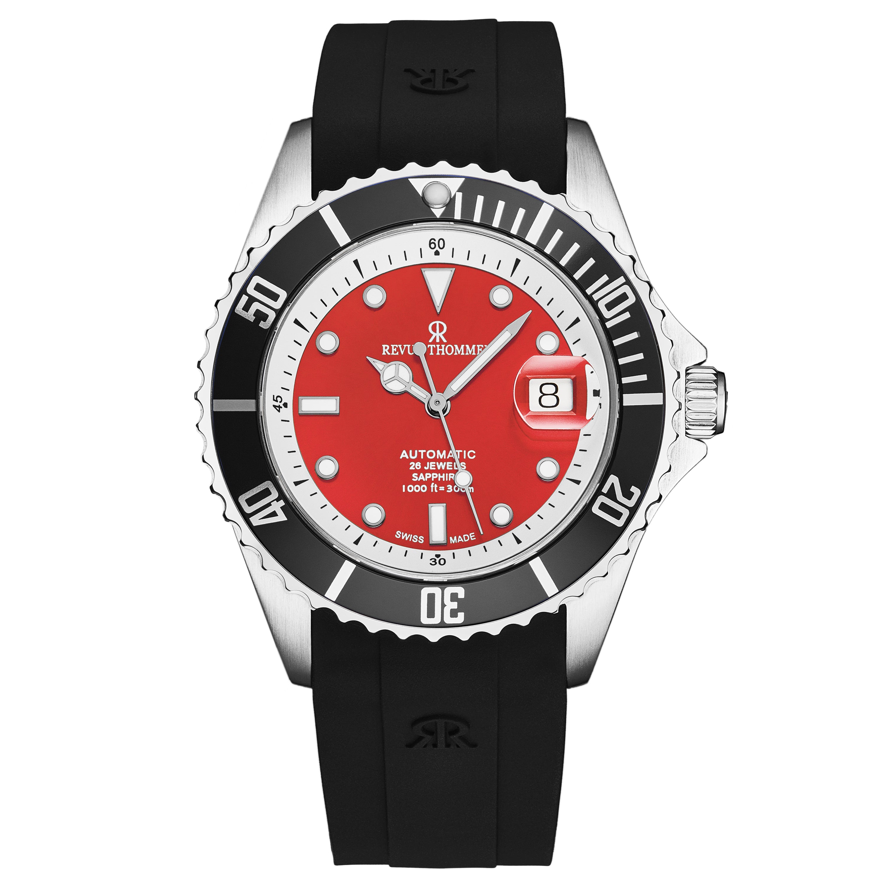 Revue Thommen Men's 'Diver' Red Dial Black Rubber Strap Swiss Automati