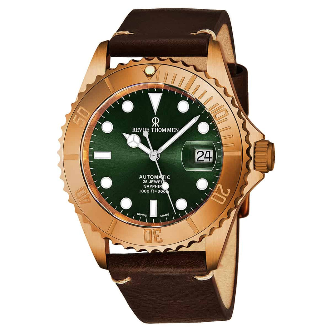 Revue Thommen Men's 17571.2594 'Diver' Green Dial Brown Leather Strap Bronze/Steel Automatic Watch