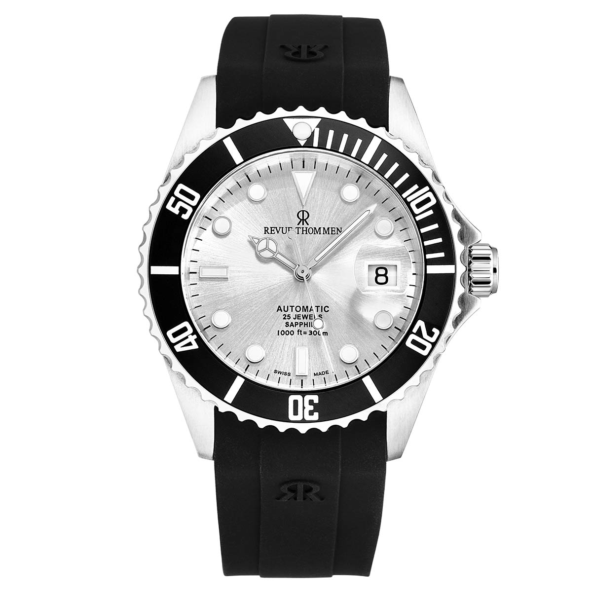 Revue Thommen Men's 'Diver' Silver Dial Rubber Strap Swiss