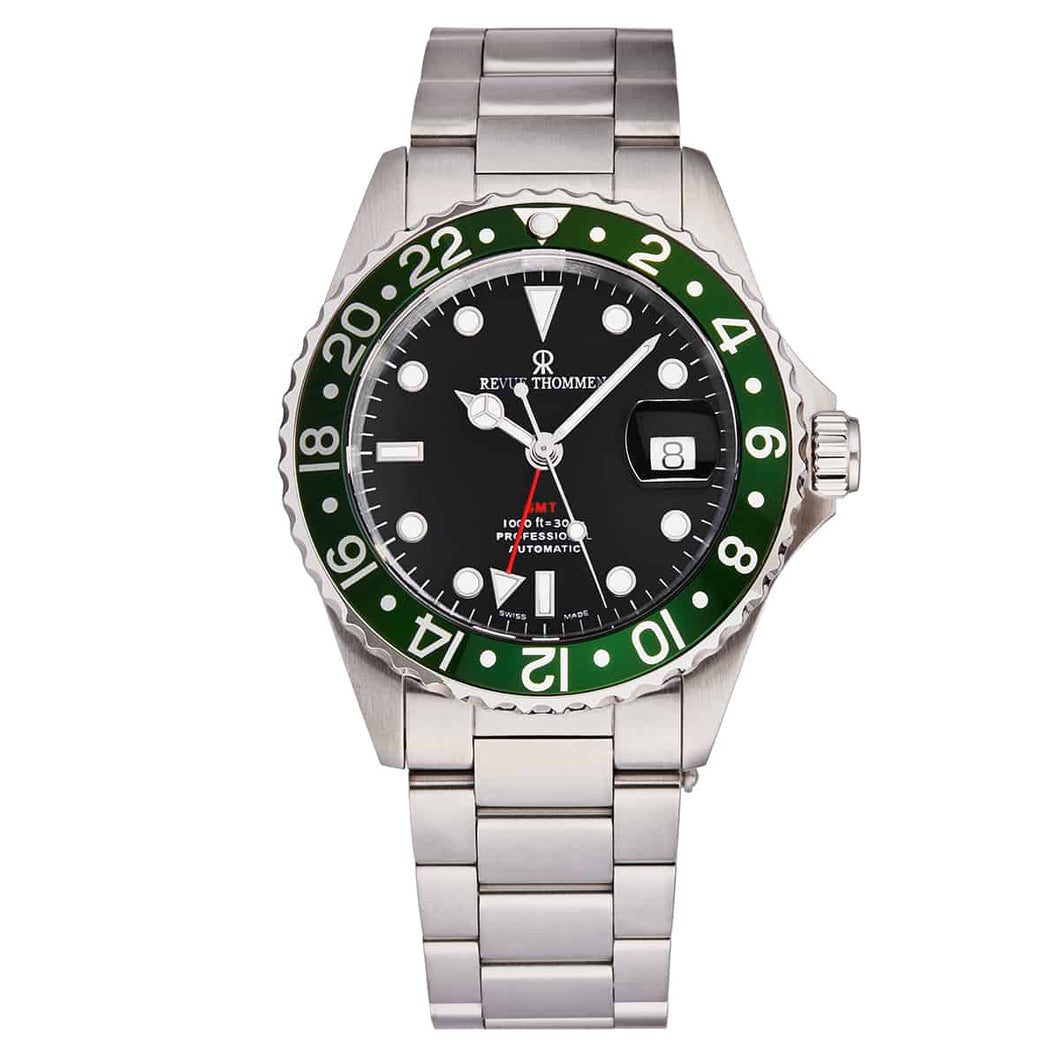 Revue Thommen Men's 17572.2134 'Diver' Black Dial Green Bezel GMT Professional Automatic Watch