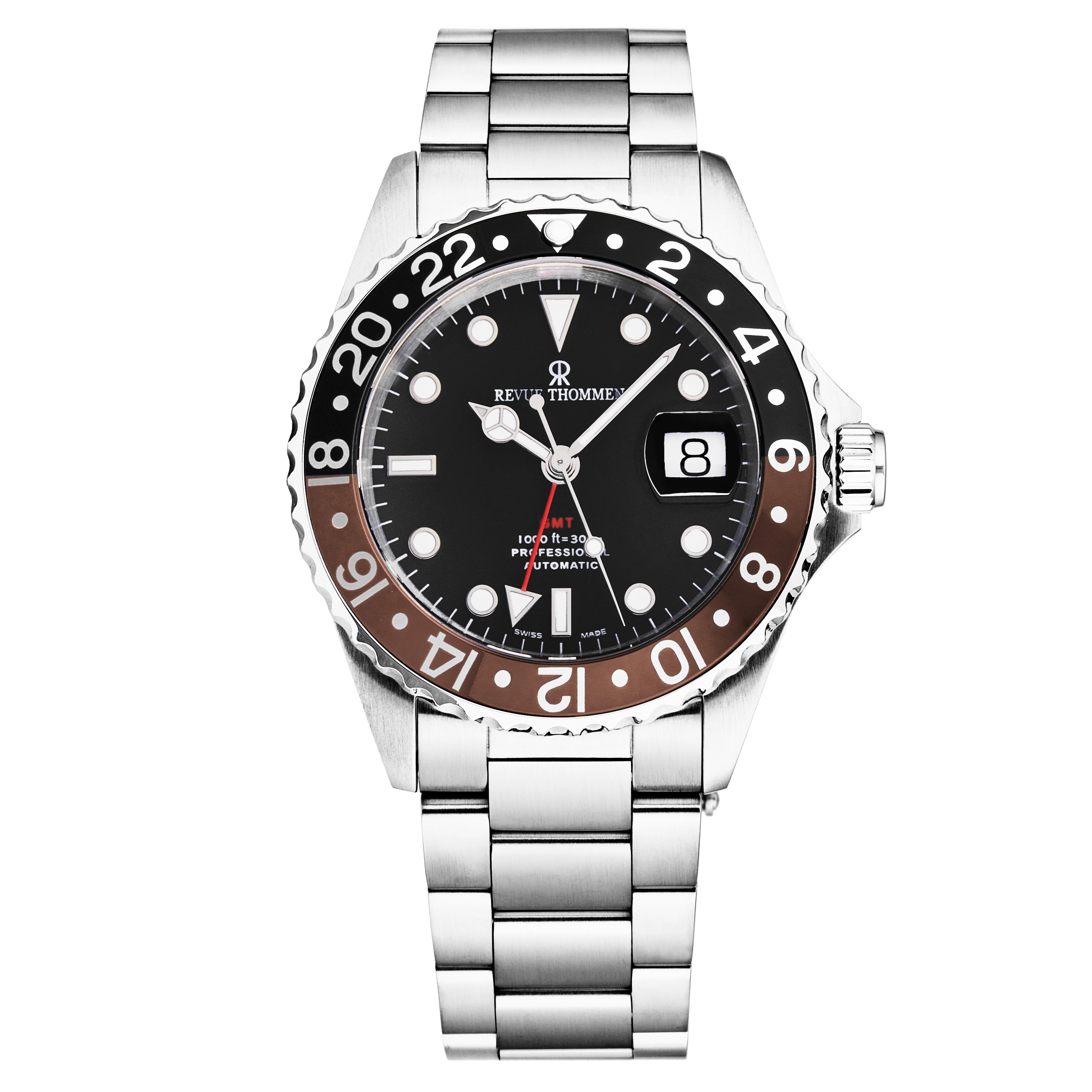Revue Thommen Men's 'Diver' Black Dial Black and Brown Bezel GMT Autom