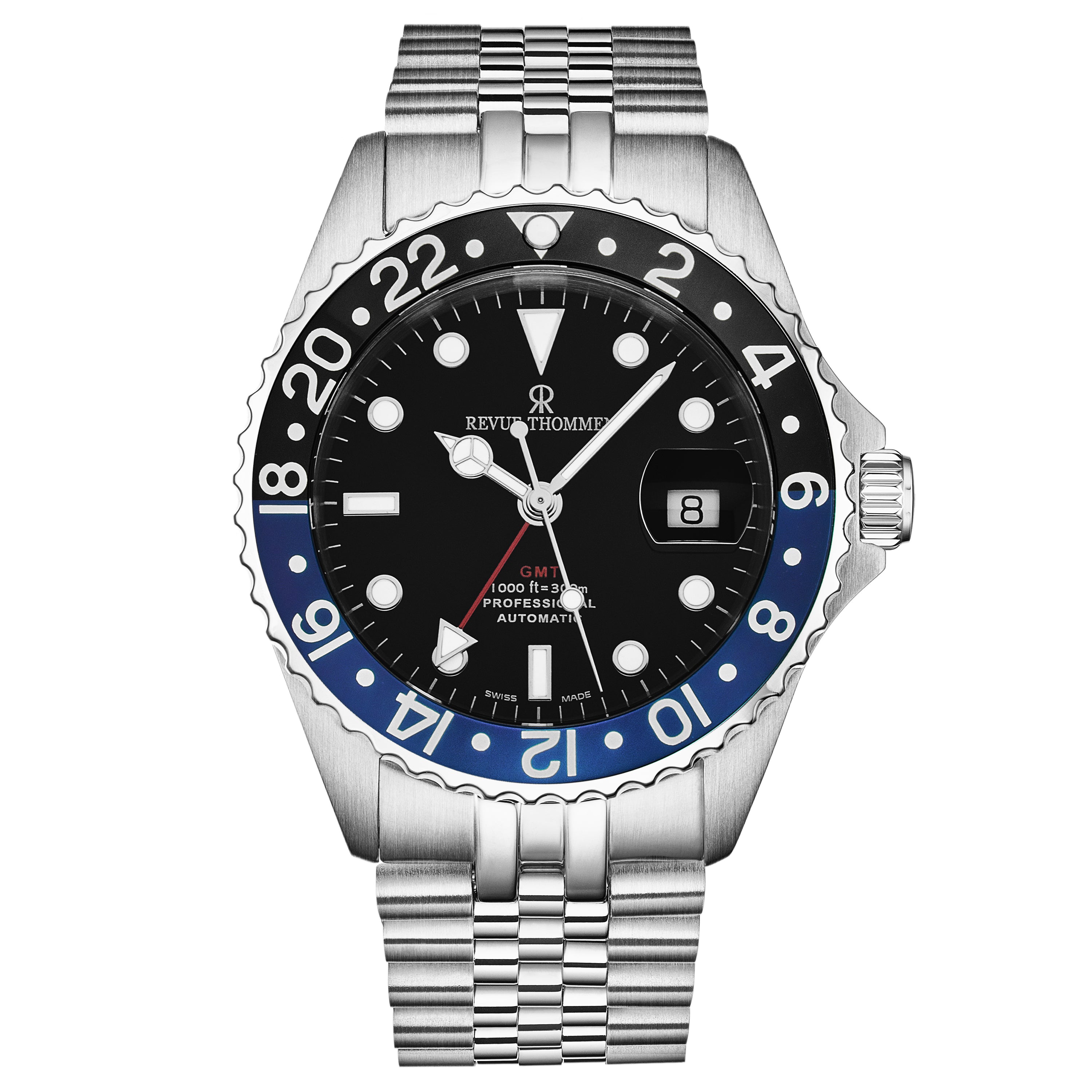 Revue Thommen Men's 'Diver' GMT Black Dial Black and Blue Bezel