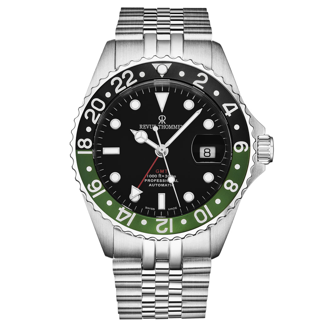 Revue Thommen Men's 'Diver' GMT Black Dial Black and Green Bezel Automatic Watch 17572.2238