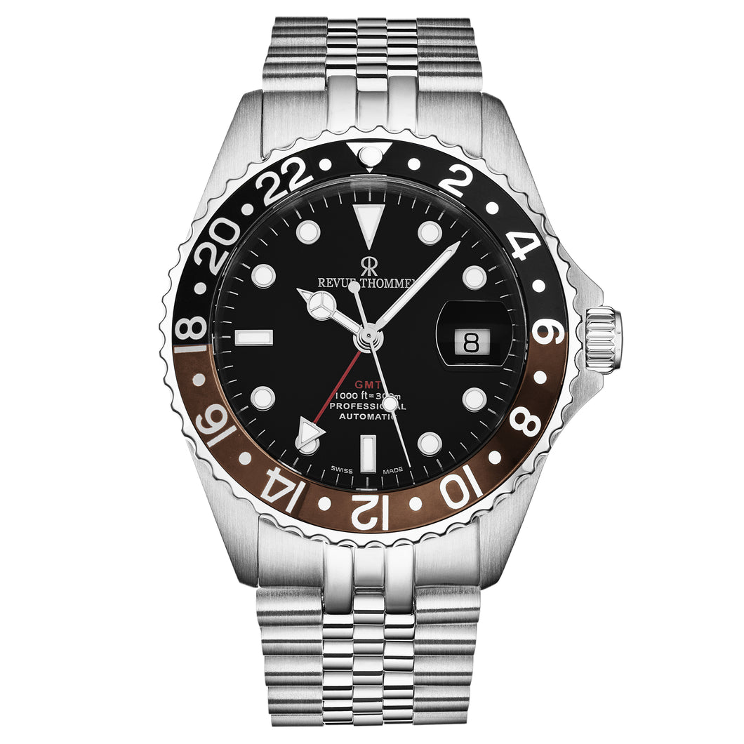 Revue Thommen Men's 'Diver' GMT Black Dial Black and Brown Bezel Automatic Watch 17572.2239