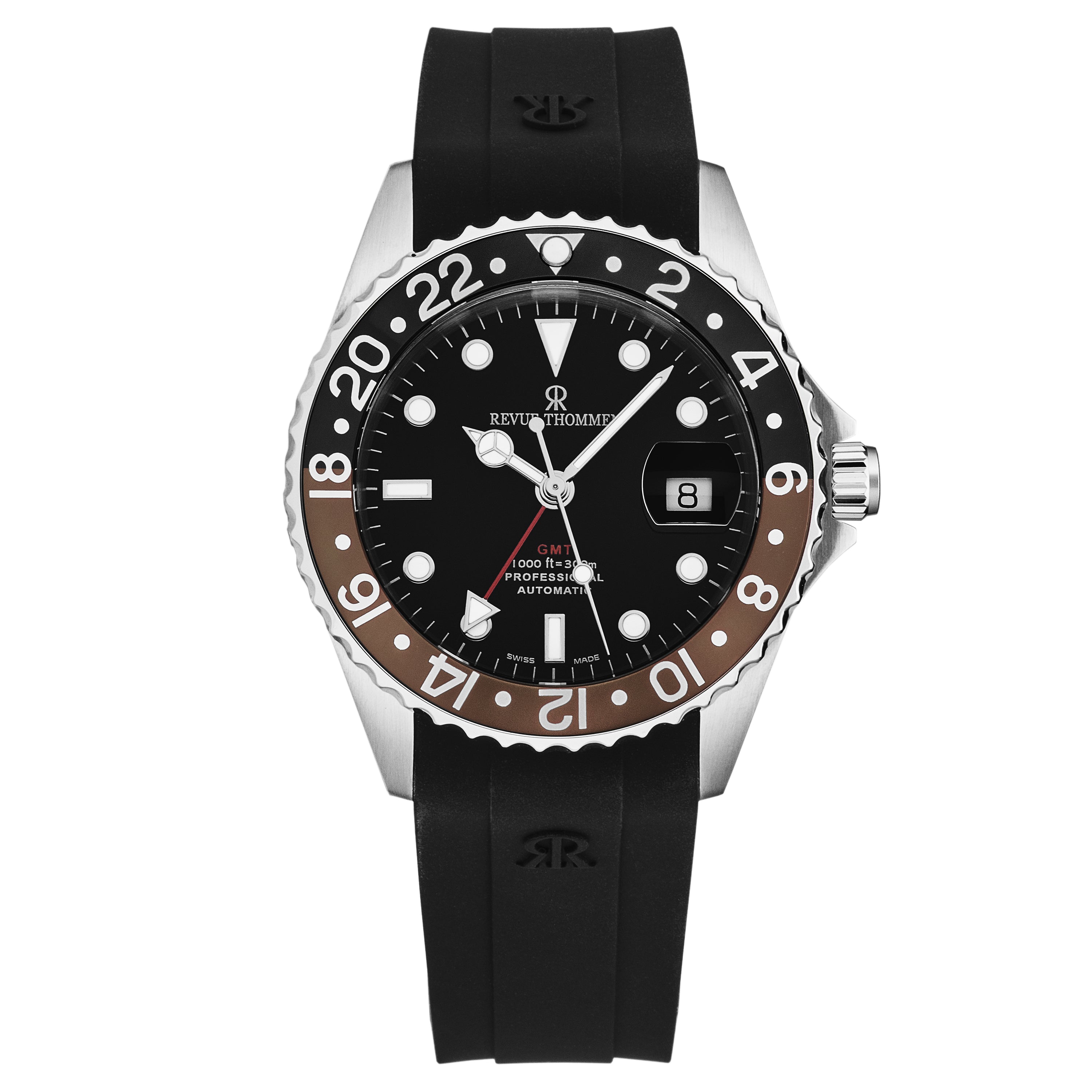 Revue Thommen Men's 'Diver' Black Dial Black and Brown Bezel GMT Autom