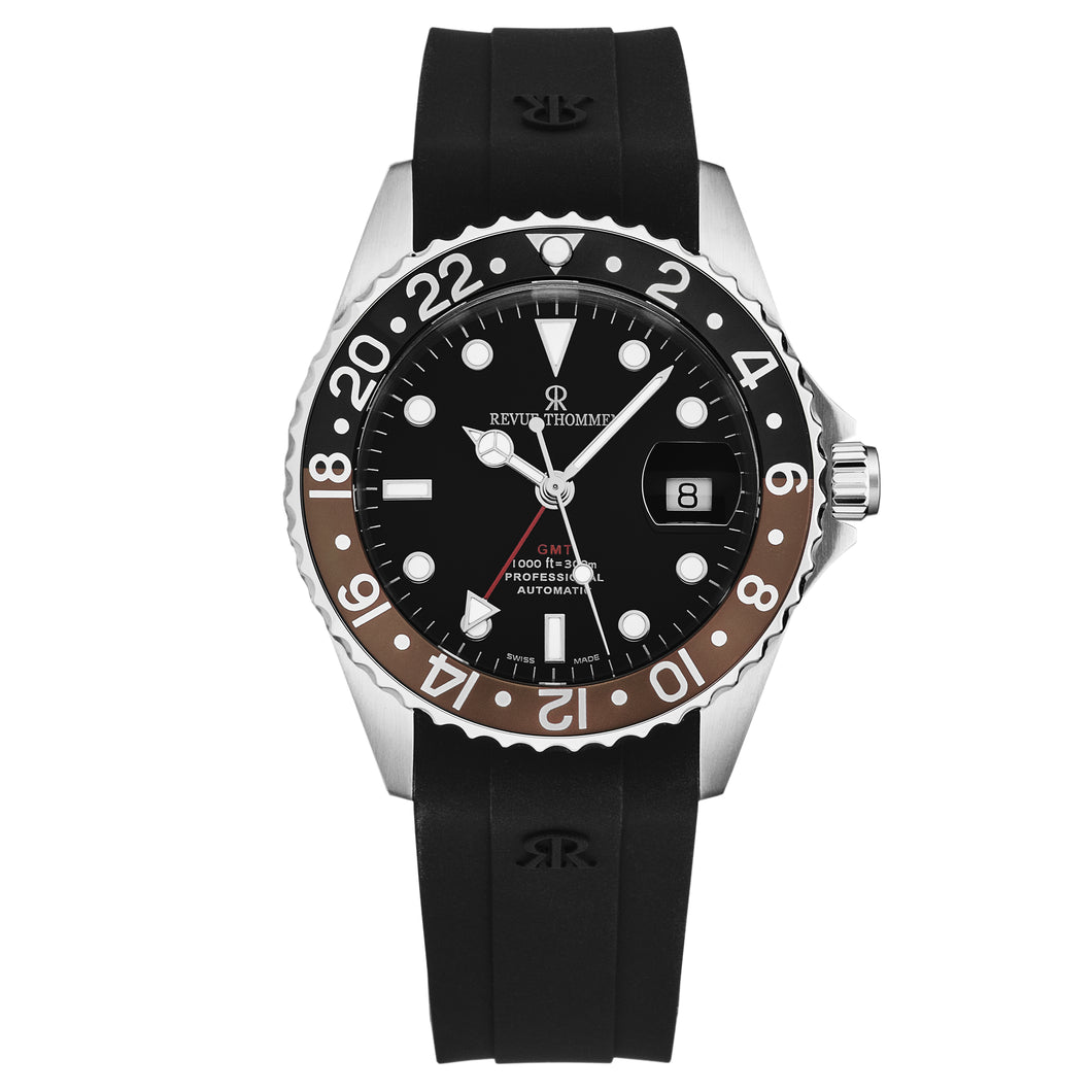 Revue Thommen Men's 'Diver' Black Dial Black and Brown Bezel GMT Automatic Watch 17572.2839