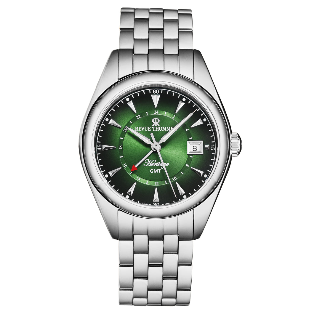 Revue Thommen Men's 'Heritage' GMT Green Dial Stainless Steel Bracelet Swiss Automatic Watch 21010.2334