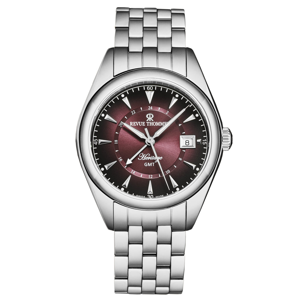 Revue Thommen Men's 'Heritage' GMT Purple Dial Stainless Steel Bracelet Swiss Automatic Watch 21010.2336