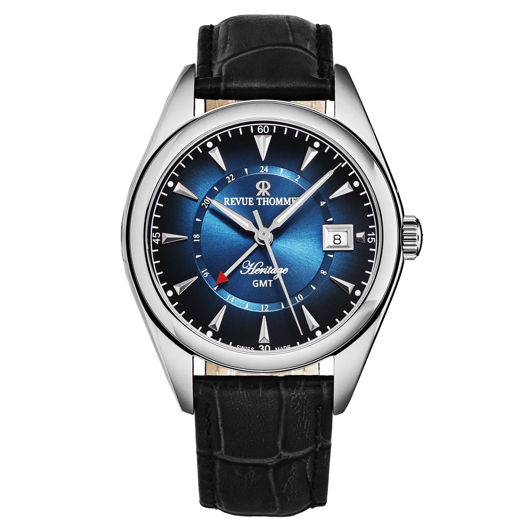 Revue Thommen Men's 'Heritage' GMT Blue Dial Black Leather Strap Swiss Automatic Watch 21010.2435