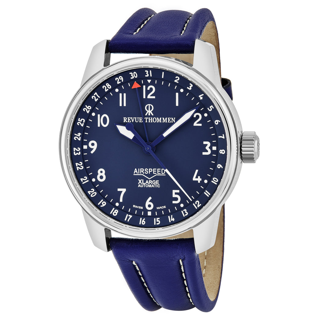 Revue Thommen Men's 16050.2535 'Air Speed XL' Blue Dial Blue Leather Strap Pointer Date Swiss Automatic Watch