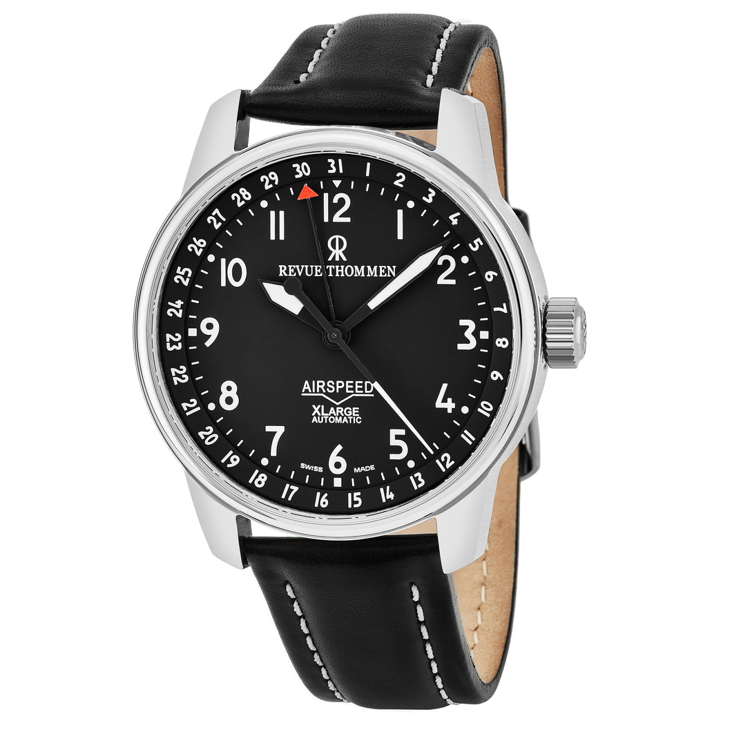 Revue Thommen Men's 16050.2537 'Air Speed' Black Dial Black Leather Strap Date Swiss Automatic Watch