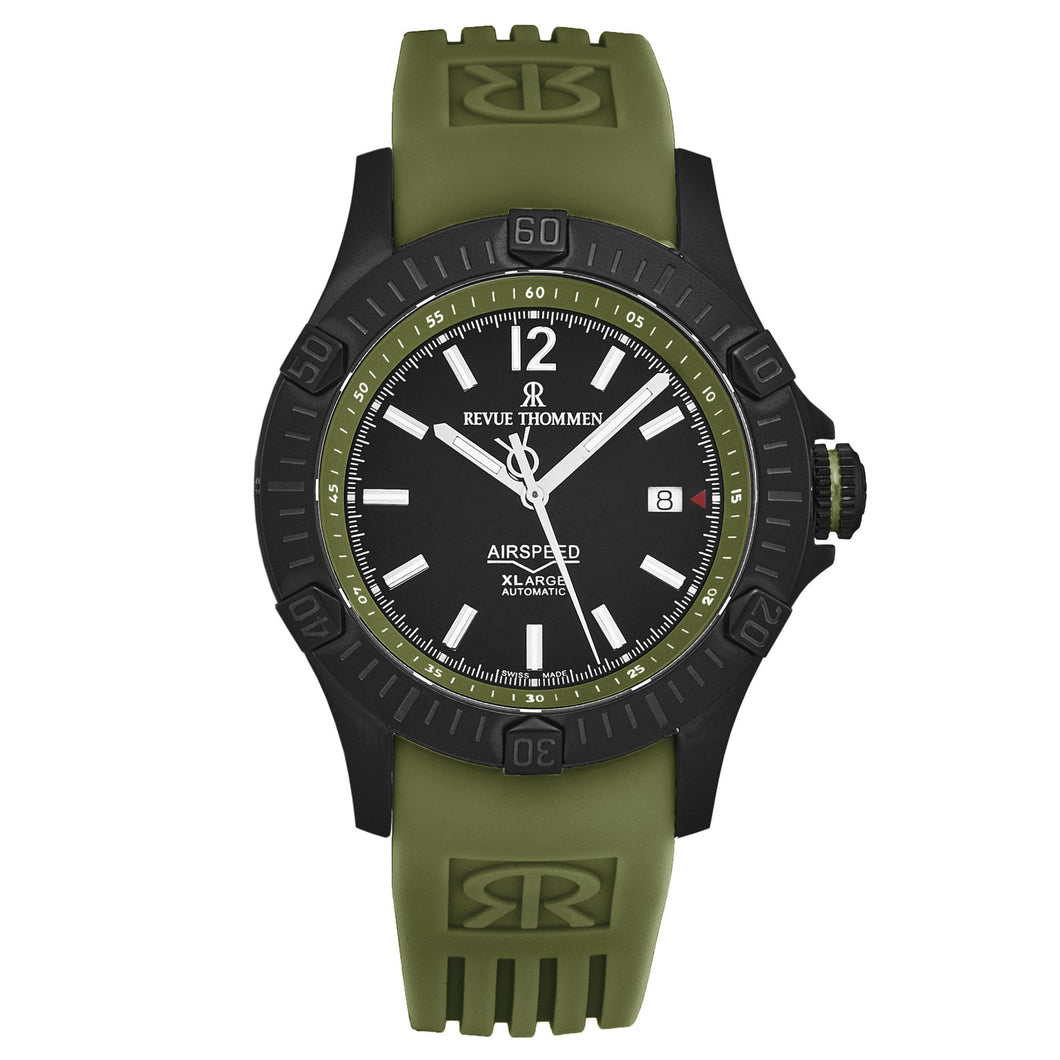 Revue Thommen Men's 'Air speed' Black Dial Green Rubber Strap Automatic Watch 16070.4674
