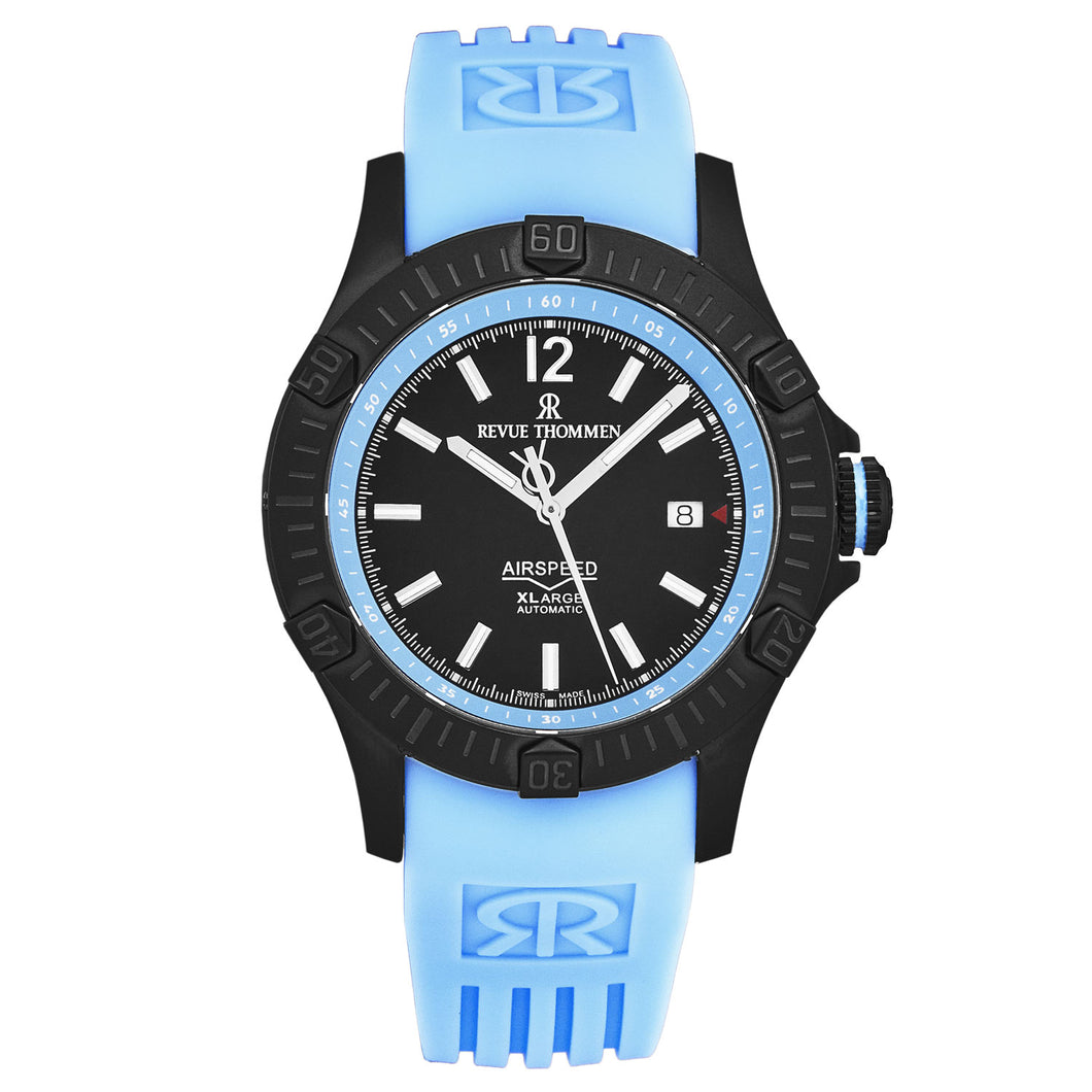 Revue Thommen Men's 'Air speed' Black Dial Blue Rubber Strap Automatic Watch 16070.4675