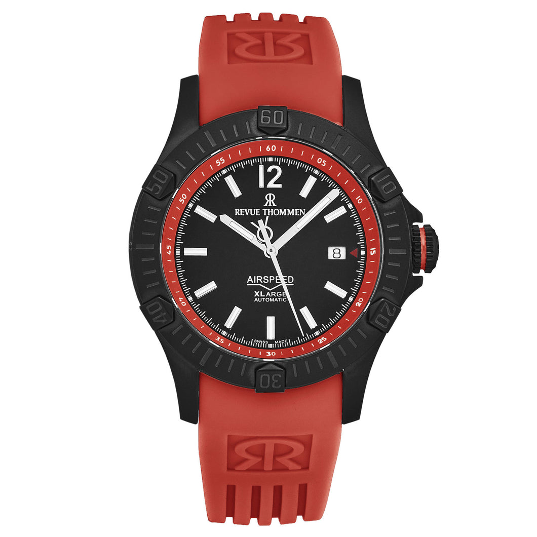 Revue Thommen Men's 'Air speed' Black Dial Red Rubber Strap Automatic Watch 16070.4676