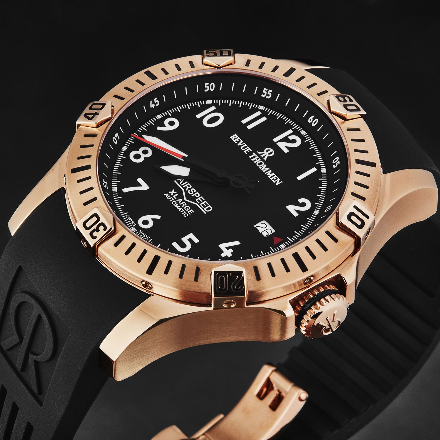 REVUE THOMMEN AIR SPEED 自動巻き腕時計 Revue Thommen Men's 'Air speed' Black Dial Black Rubber