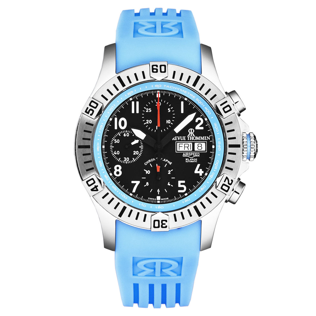 Revue Thommen Men's 'Air speed' Black Dial Blue Rubber Strap Automatic Watch 16071.6735