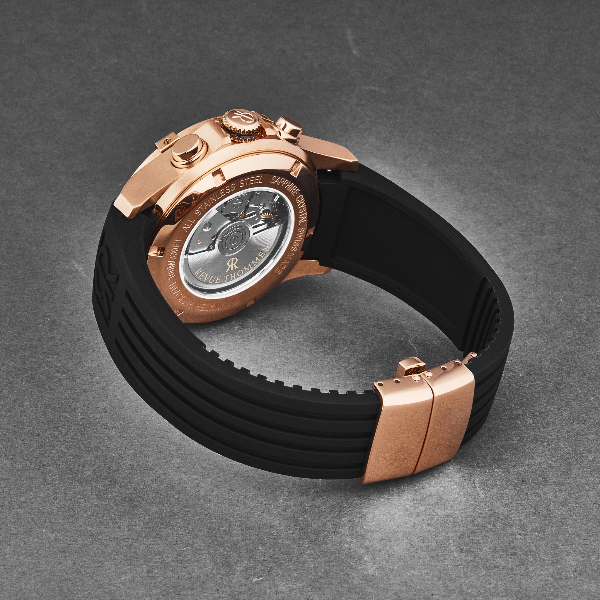 REVUE THOMMEN AIR SPEED 自動巻き腕時計 Revue Thommen Men's 'Air speed' Black Dial Black Rubber