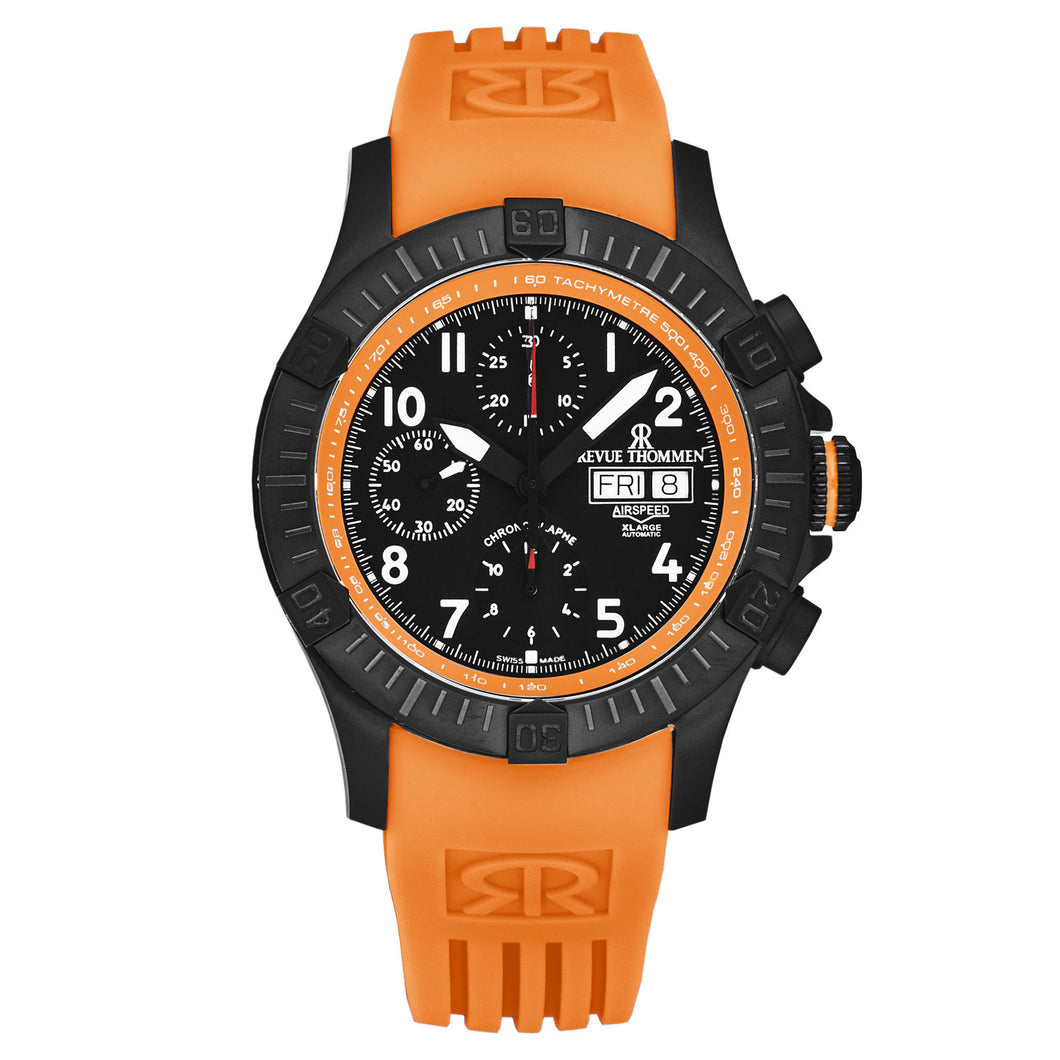 Revue Thommen Men's 'Air speed' Black Dial Orange Rubber Strap Automatic Watch 16071.6779