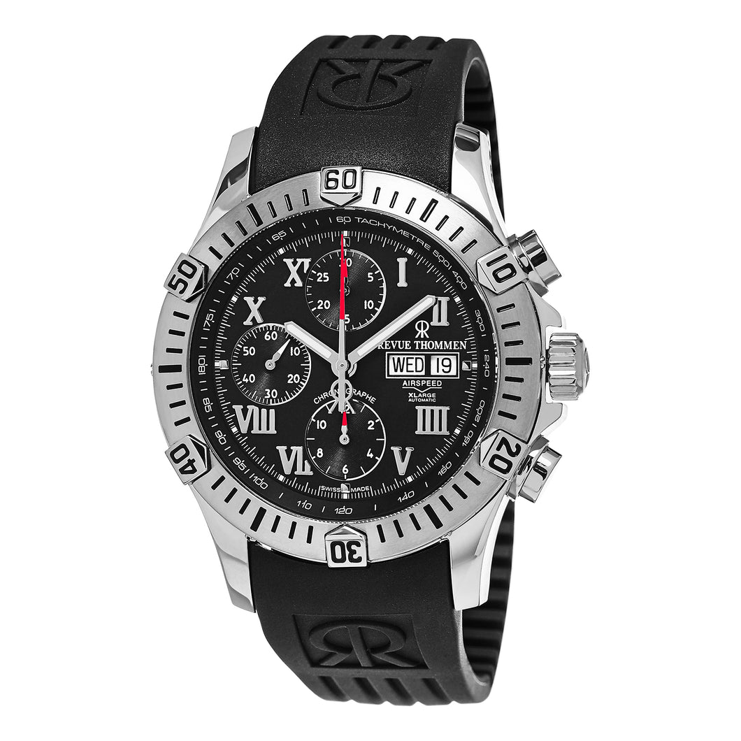 Revue Thommen Men's 16071.6837 'Air Speed' Black Dial Black Rubber Strap DayDate Chronograph Swiss Automatic Watch