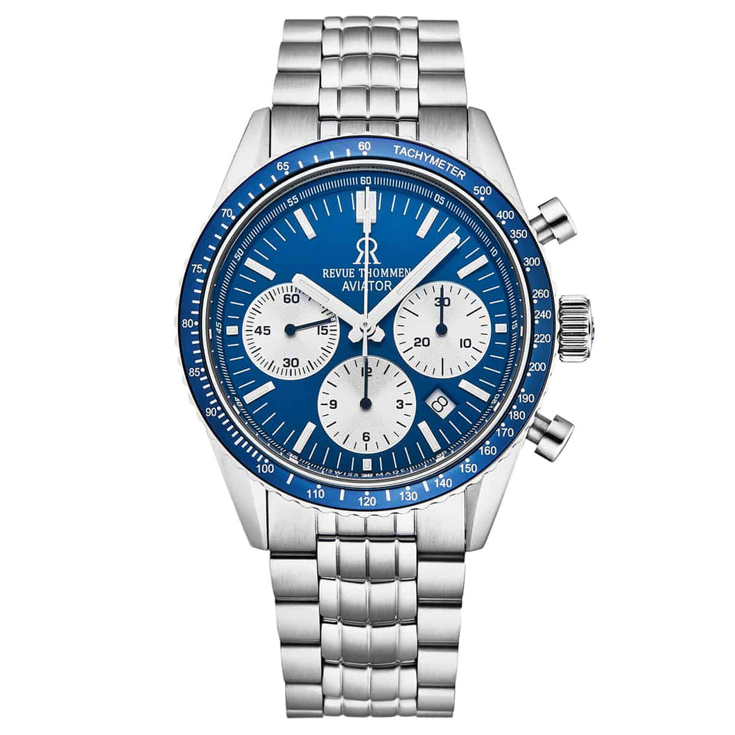 Revue Thommen Men's 17000.6135 'Aviator' Blue Dial Stainless Steel Chronograph Automatic Watch