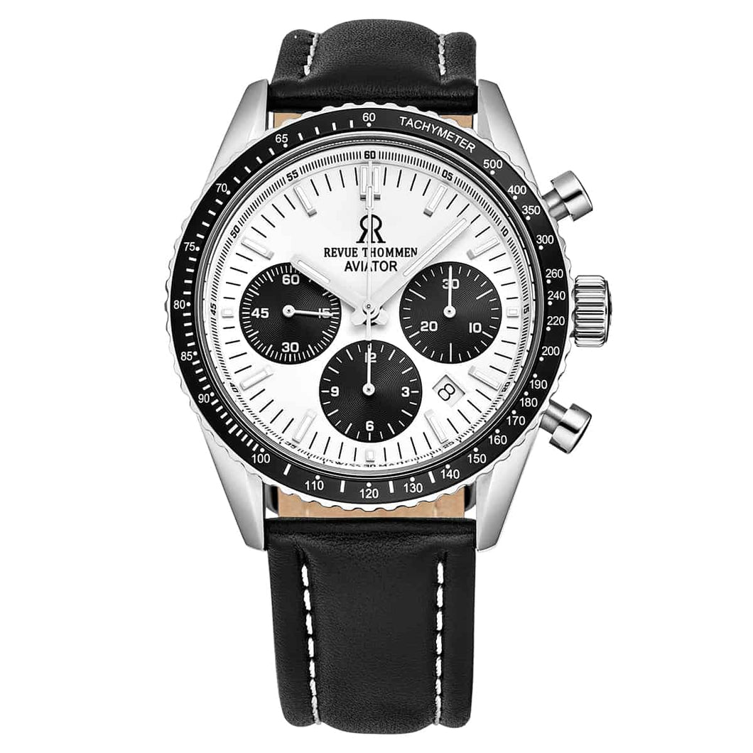 Revue Thommen Men's 17000.6532 'Aviator' Silver Dial Leather Strap Chronograph Automatic Watch