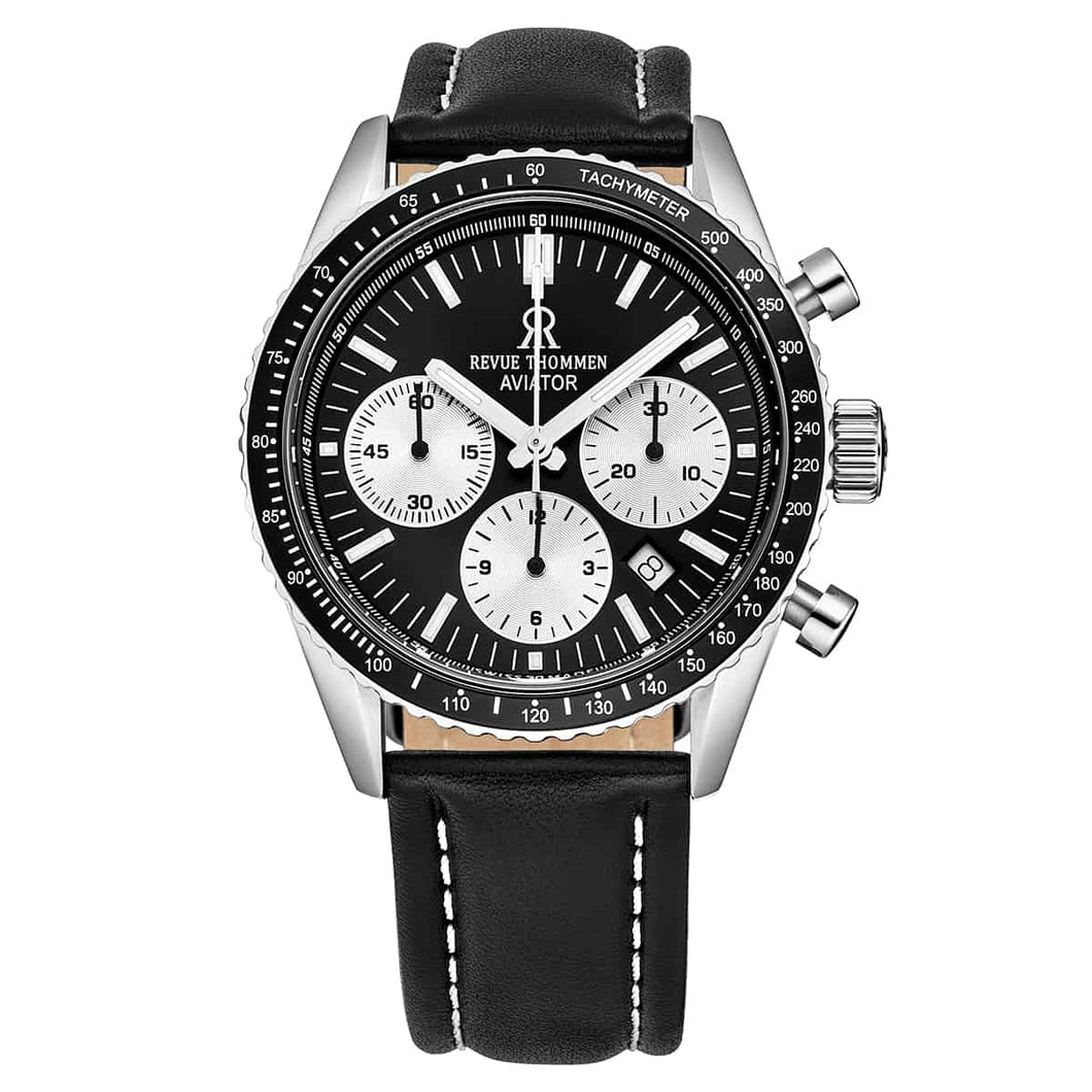 Revue Thommen Men's 17000.6534 'Aviator' Black Dial Leather Strap Chronograph Automatic Watch