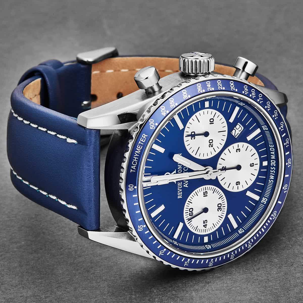 Revue Thommen Men's 17000.6535 'Aviator' Blue Dial Leather Strap Chron
