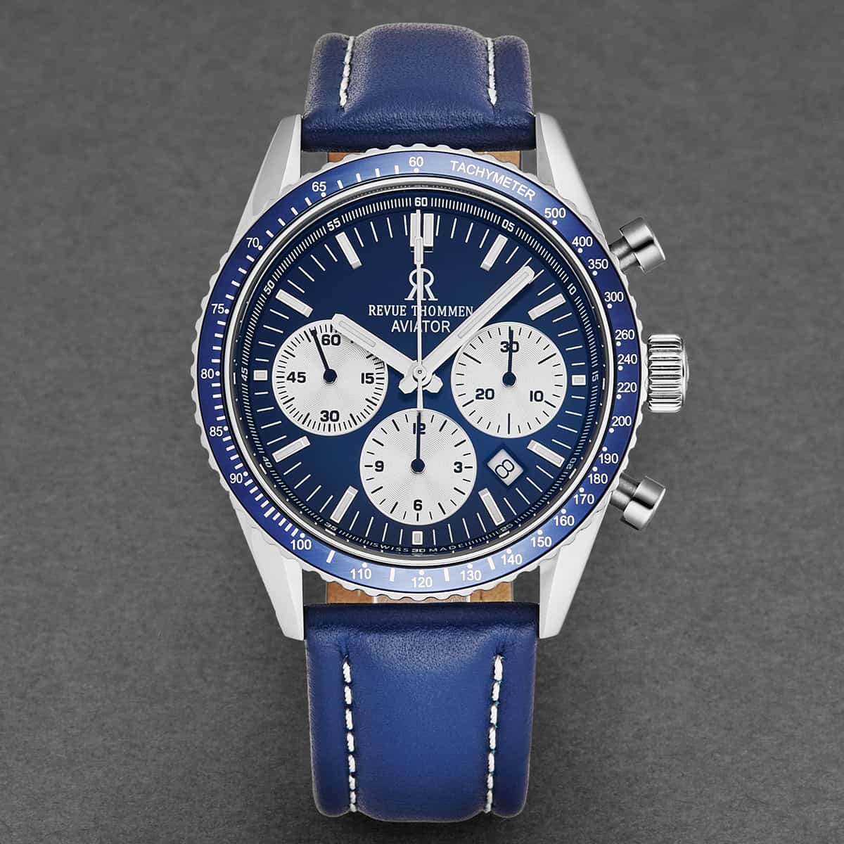 Revue Thommen Men's 17000.6535 'Aviator' Blue Dial Leather Strap Chron