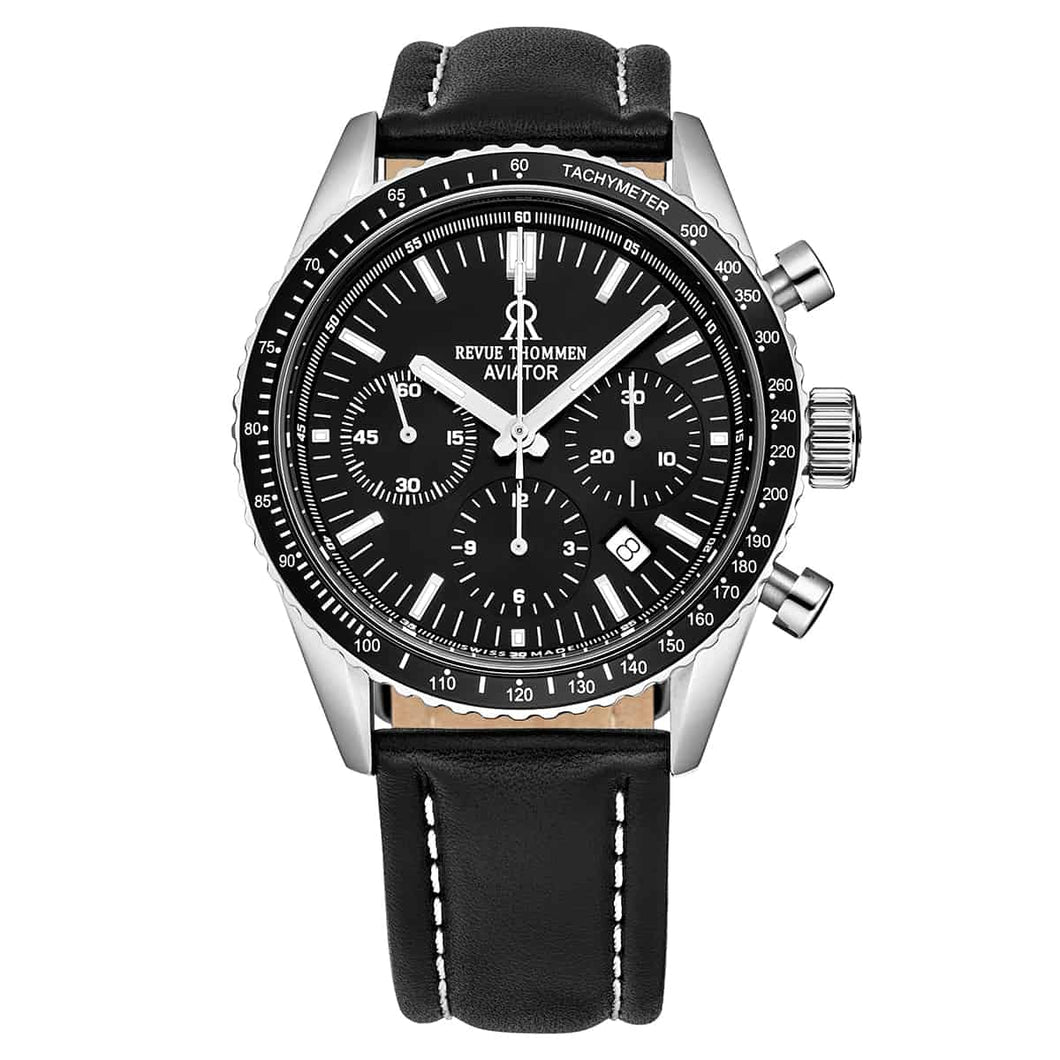 Revue Thommen Men's 17000.6537 'Aviator' Black Dial Leather Strap Chronograph Automatic Watch