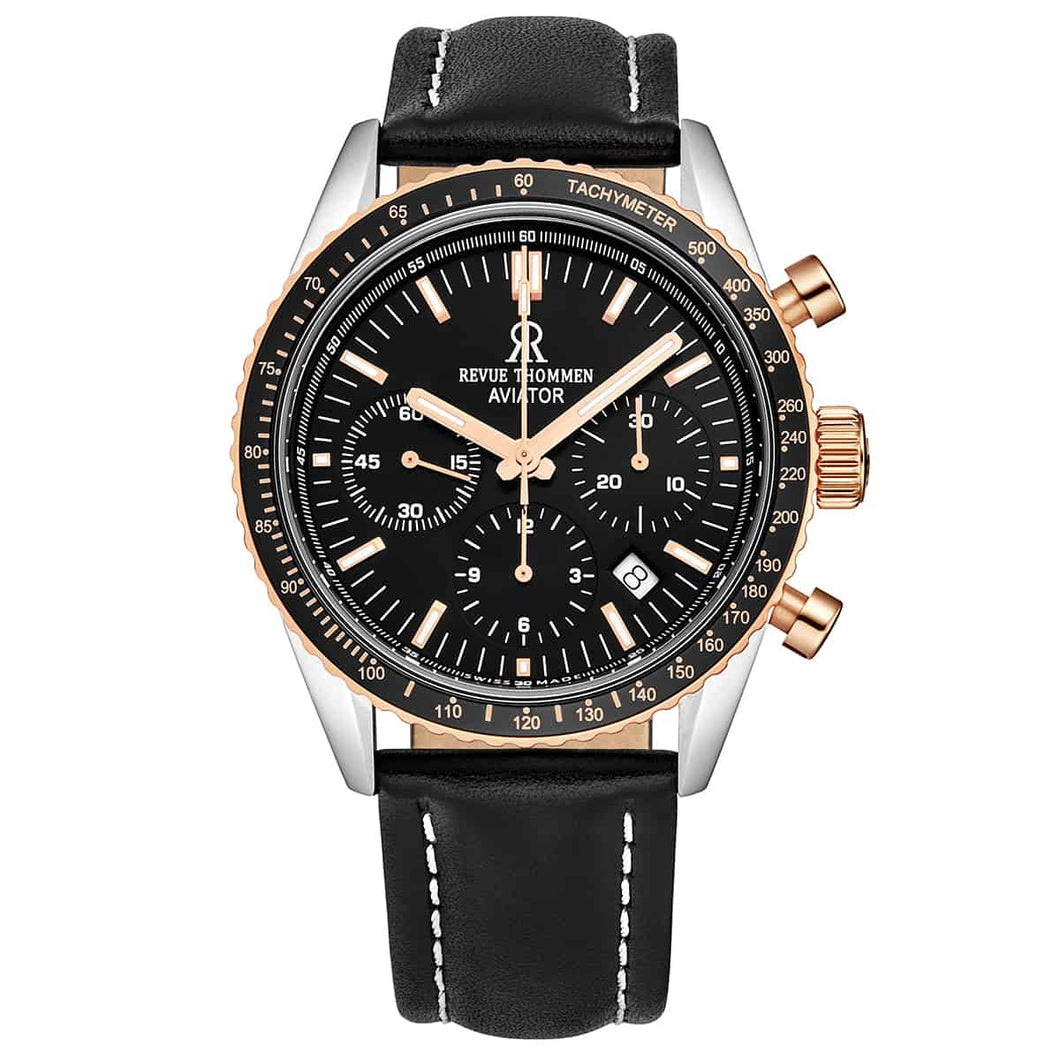 Revue Thommen Men's 17000.6557 'Aviator' Black Dial Two-Tone Chronograph Automatic Watch