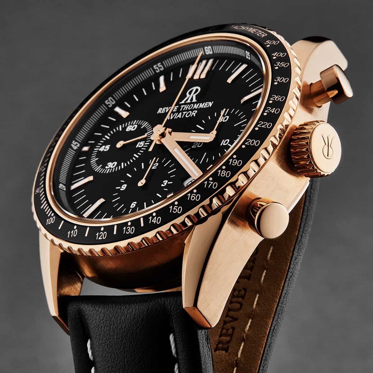 Revue Thommen Men's 17000.6567 Aviator Black Dial Rose Tone