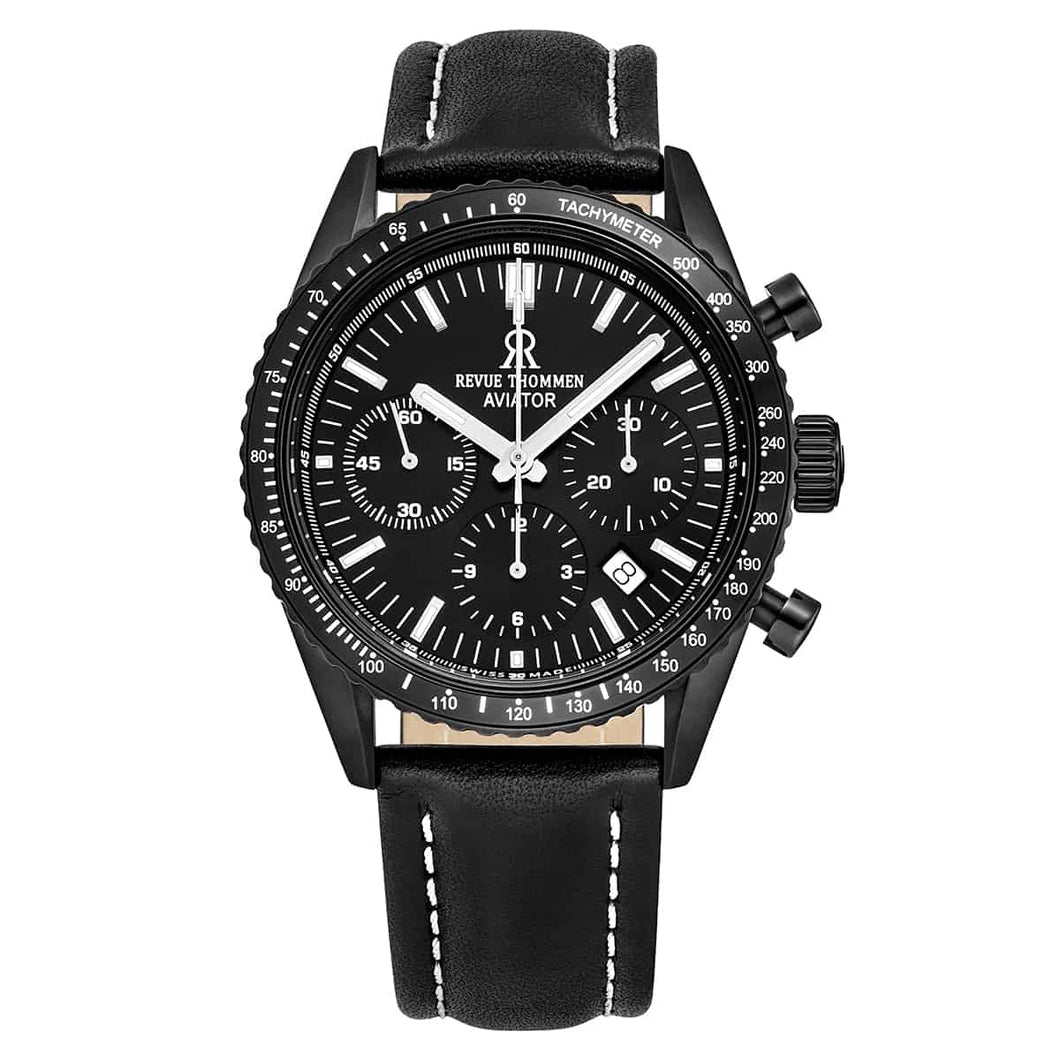 Revue Thommen Men's 17000.6577 'Aviator' All Black Dial Leather Strap Chronograph Automatic Watch