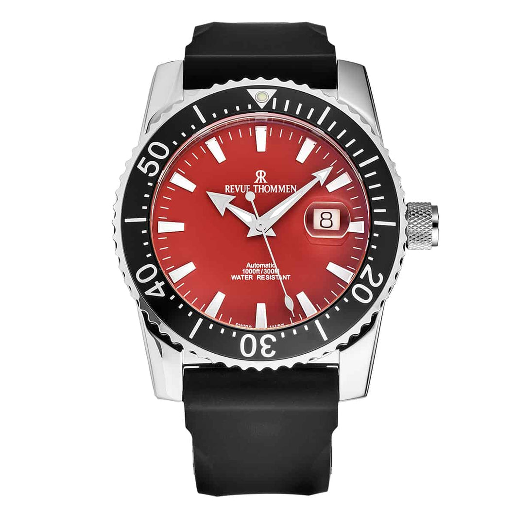 Revue Thommen Men's 17030.2536 'Diver' Red Dial Black Rubber Strap Swiss Automatic Watch