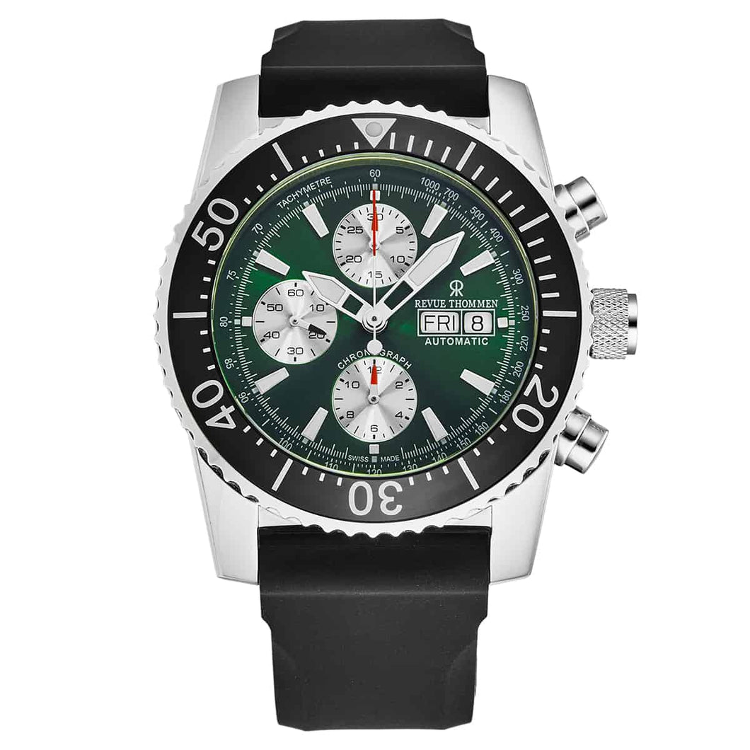 Revue Thommen Men's 17030.6521 'Divers' Green Dial Day-Date Chronograph Rubber Strap Automatic Watch