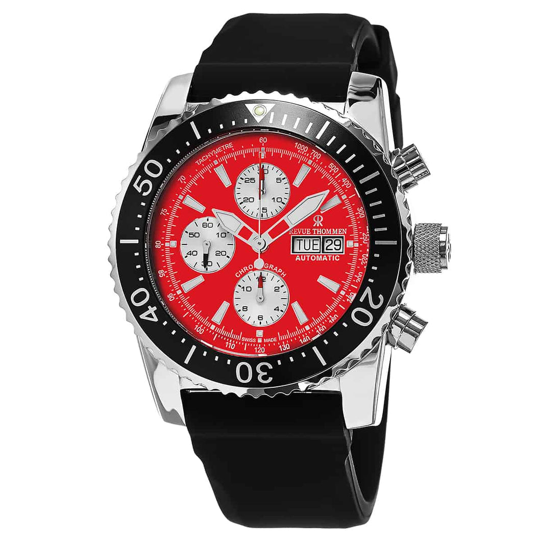 Revue Thommen Men's 17030.6536 'Air Speed' Red Dial Black Rubber Strap Chronograph Automatic Swiss Made Watch