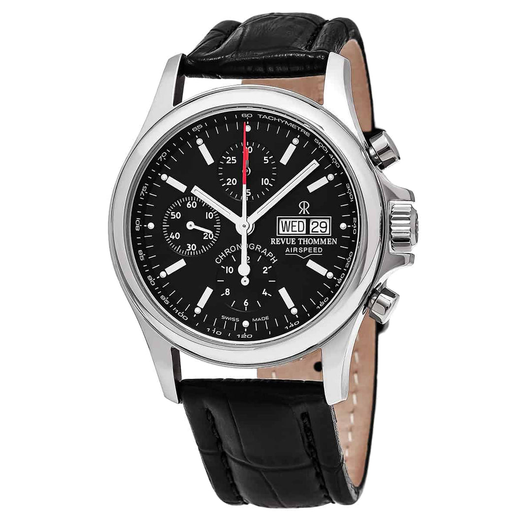 Revue Thommen 17081.6534 'Pilot' Black Dial Black Leather Strap Chronograph Swiss Automatic Watch