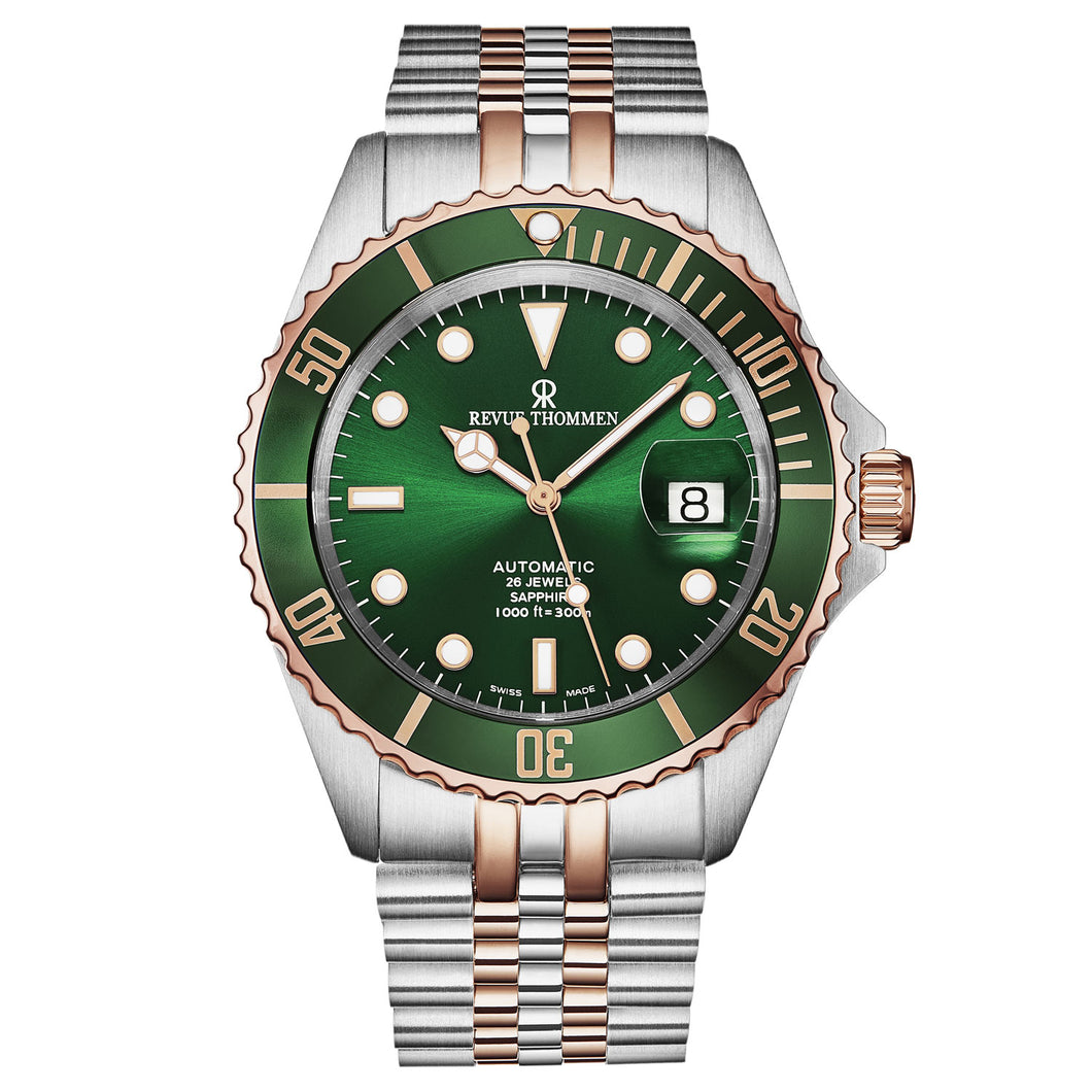 Revue Thommen Men's 'Diver' Green Dial Two Tone Stainless Steel Bracelet Automatic Watch 17571.2254