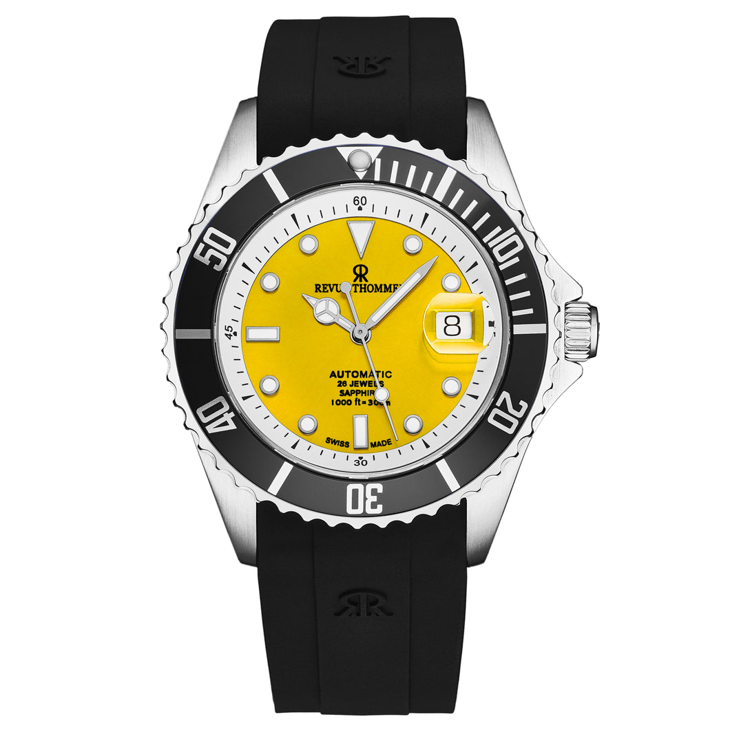 Revue Thommen Men's 'Diver' Yellow Dial Black Rubber Strap Swiss Automatic Watch 17571.2330
