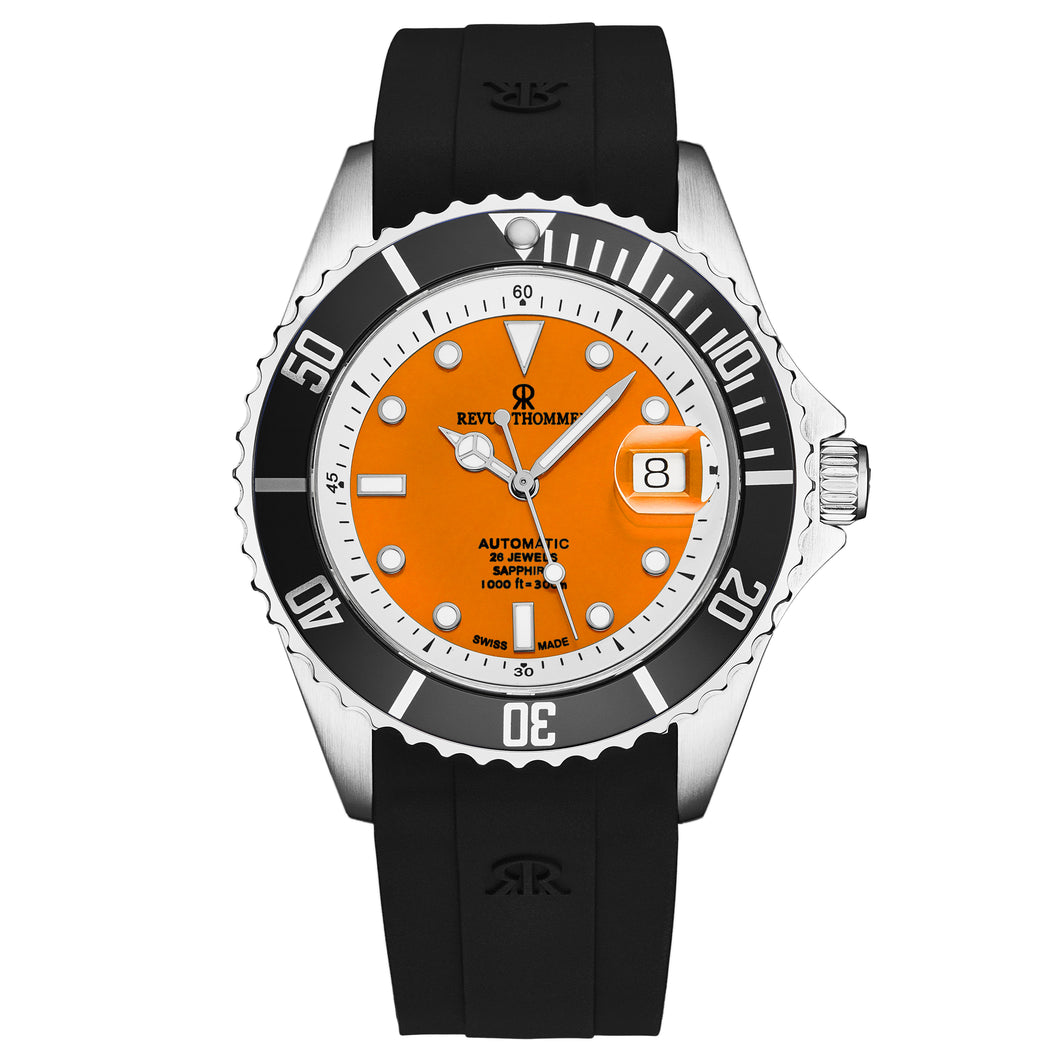 Revue Thommen Men's 'Diver' Orange Dial Black Rubber Strap Swiss Automatic Watch 17571.2339