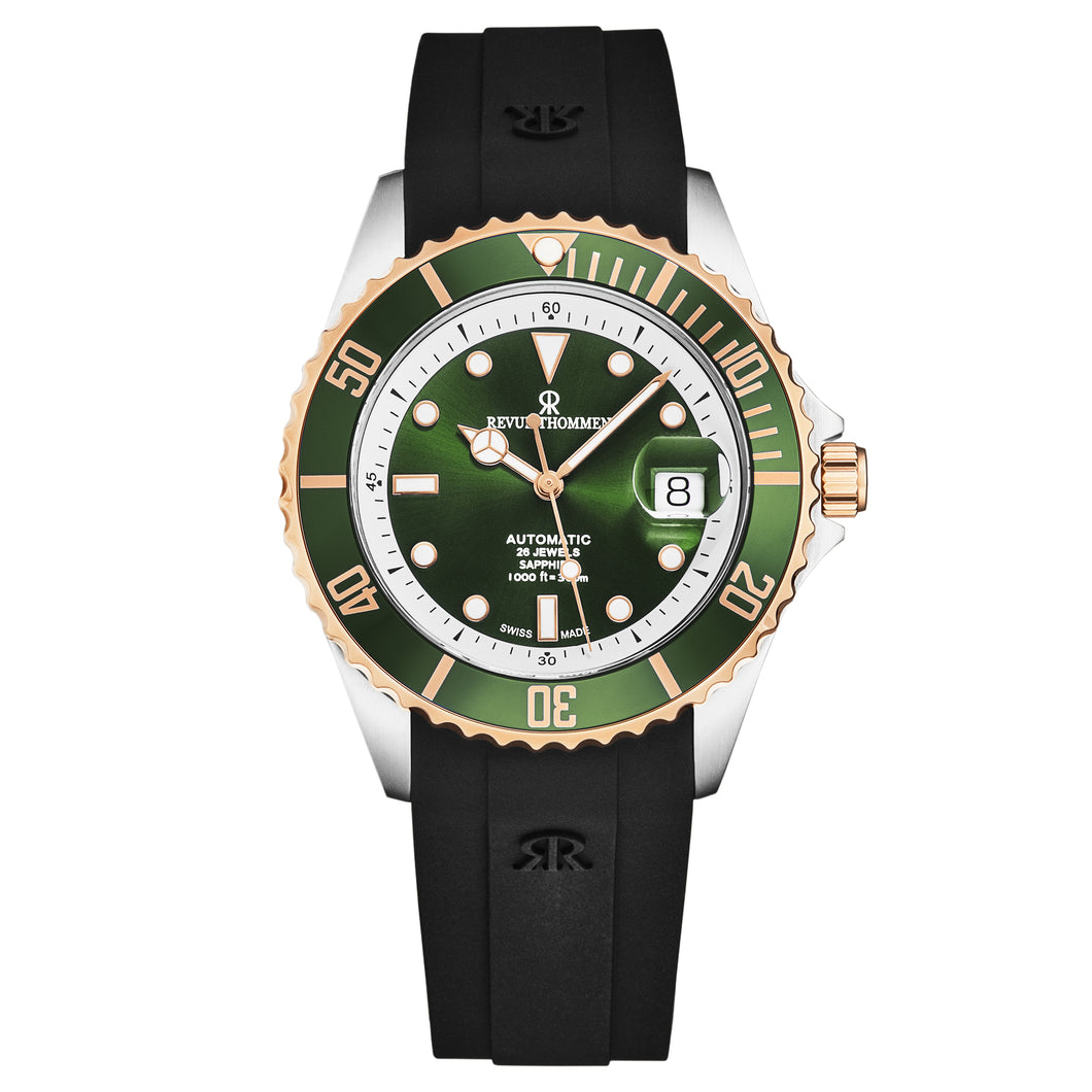 Revue Thommen Men's 'Diver' Green Dial Black Rubber Strap Swiss Automatic Watch 17571.2354