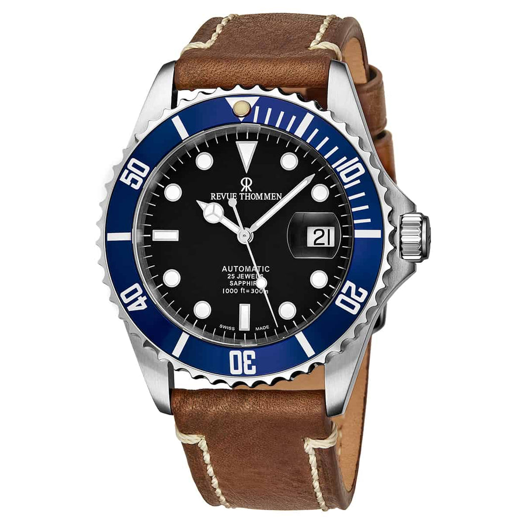 Revue Thommen Men's 17571.2535 'Diver' Black Dial Brown Suede Leather Strap Swiss Automatic Watch