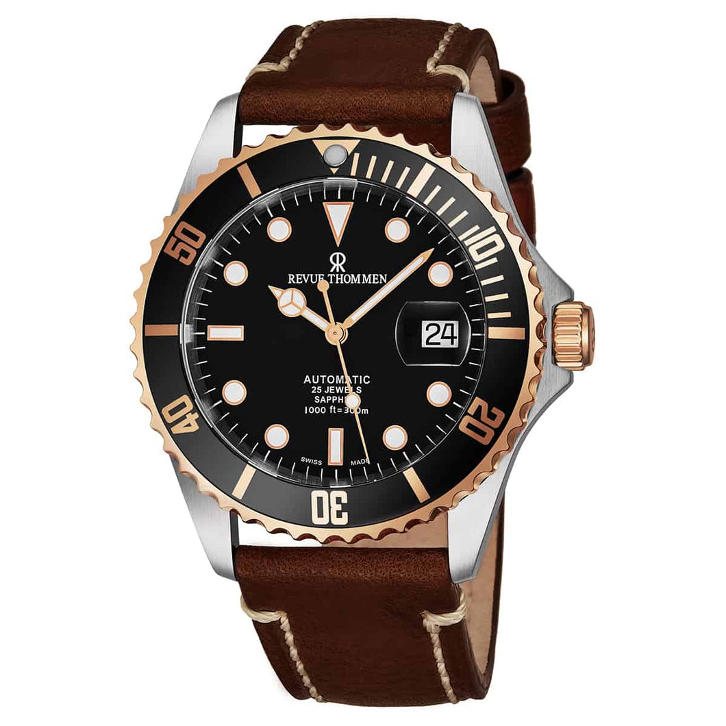 Revue Thommen Men's 17571.2557 'Diver' Black Dial Light Brown Leather Strap Two Tone Swiss Automatic Watch
