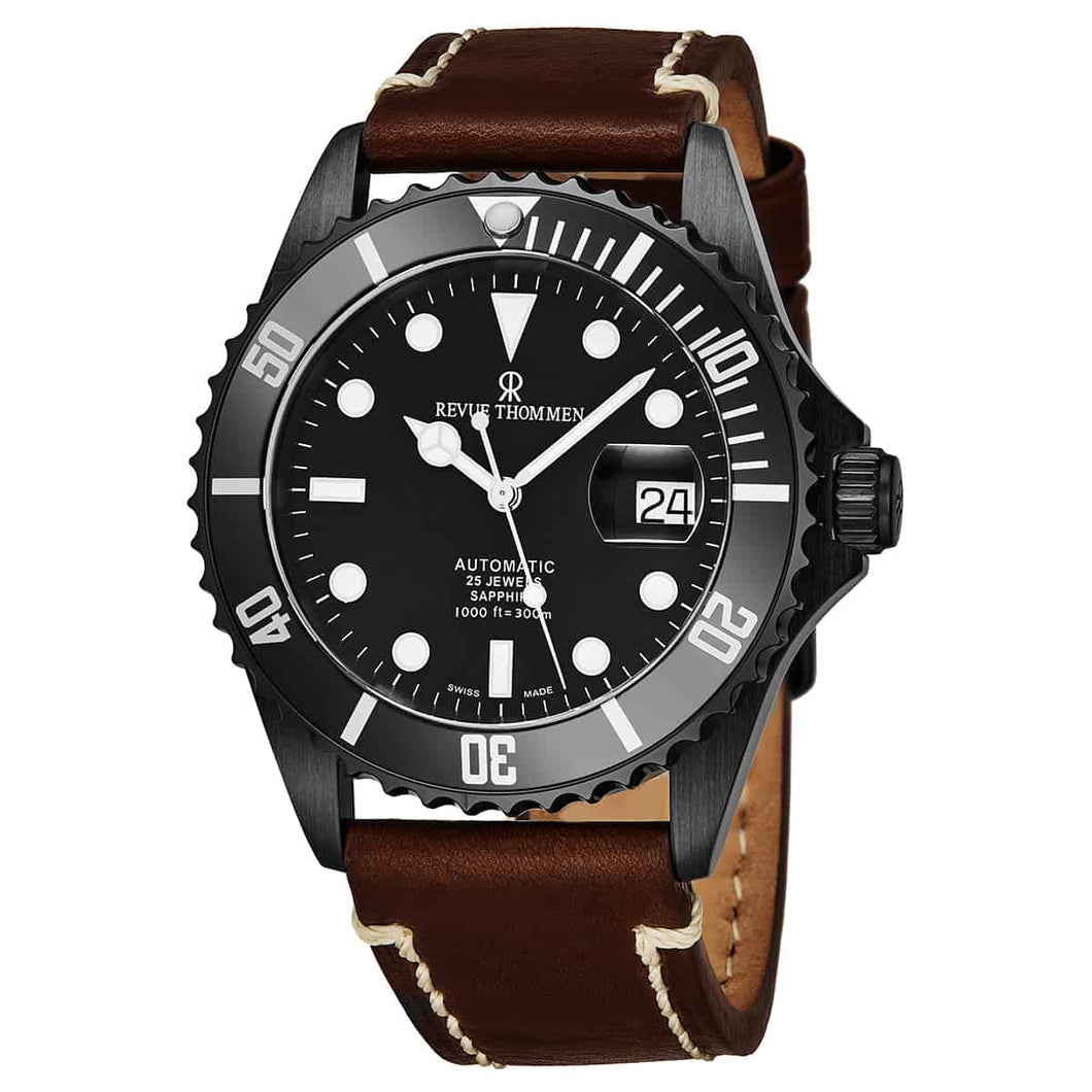 Revue Thommen Men's 17571.2577 'Diver' Black Dial Brown Leather Strap Swiss Automatic Watch